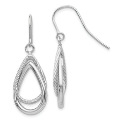 14K White Gold Polished and Textured Teardrop Shepherd Hook Earrings