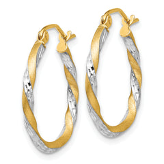 14k & Rhodium Satin Diamond Cut Twisted Hoop Earrings