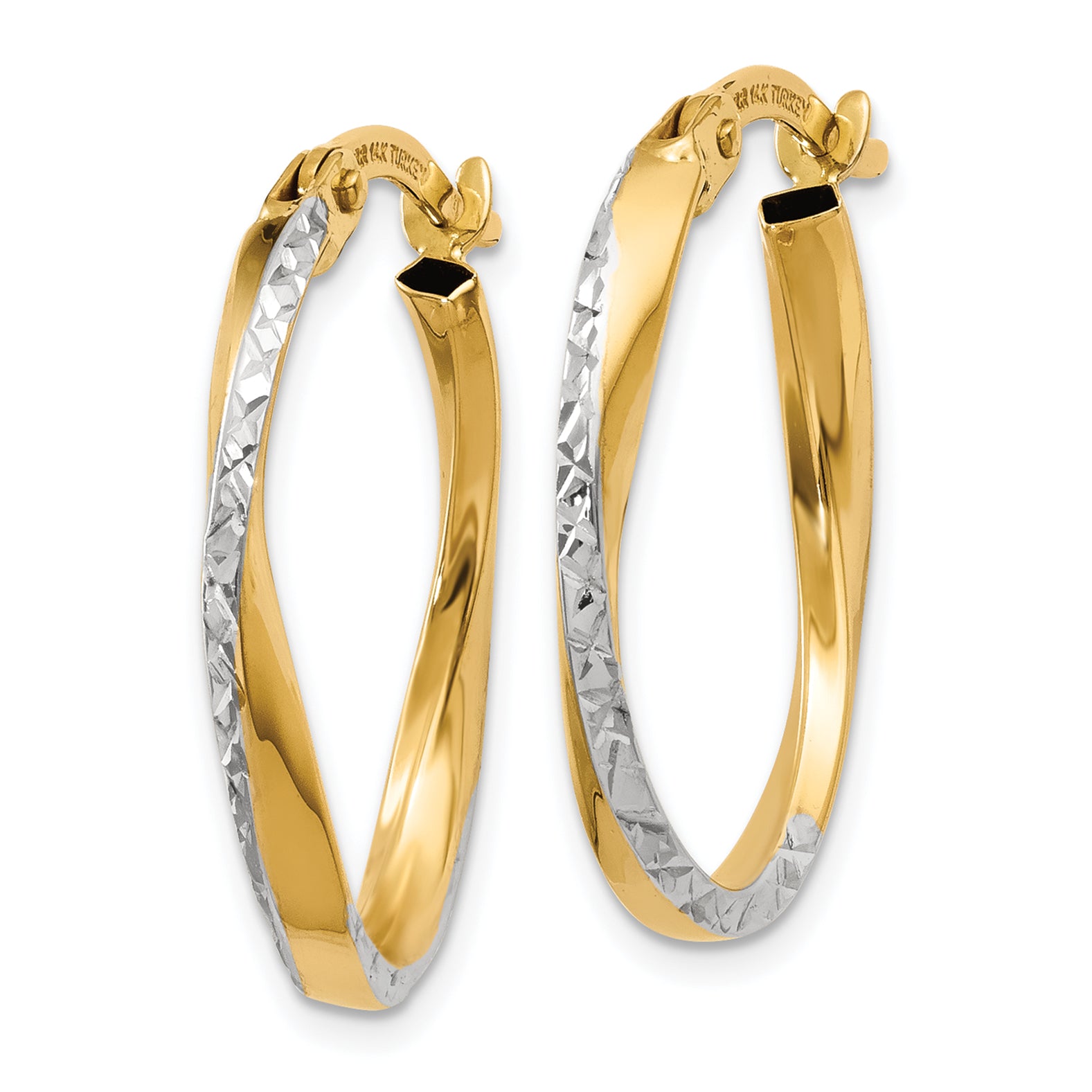 14K w/White Rhodium Textured and Polished Oval Hoop Earrings