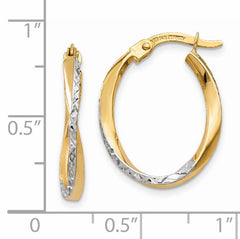 14K w/White Rhodium Textured and Polished Oval Hoop Earrings