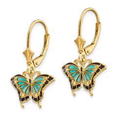 14K Butterfly w/Blue Enamel Leverback Earrings