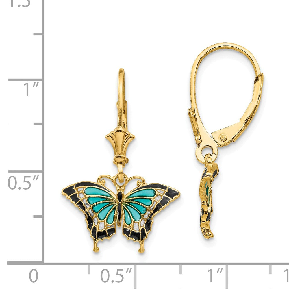 14K Butterfly w/Blue Enamel Leverback Earrings