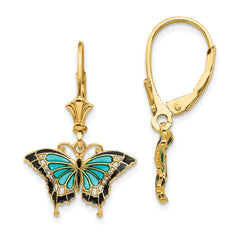 14K Butterfly w/Blue Enamel Leverback Earrings