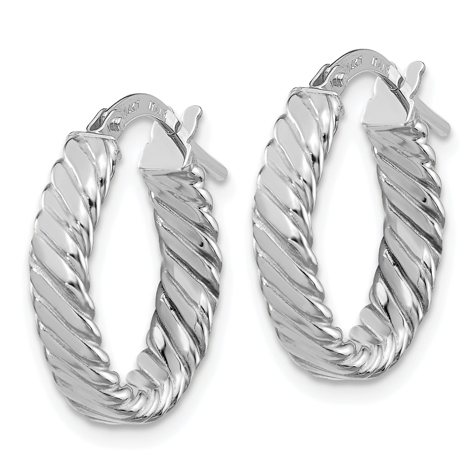 14K White Gold 3mm Patterned Oval Hoop Earrings