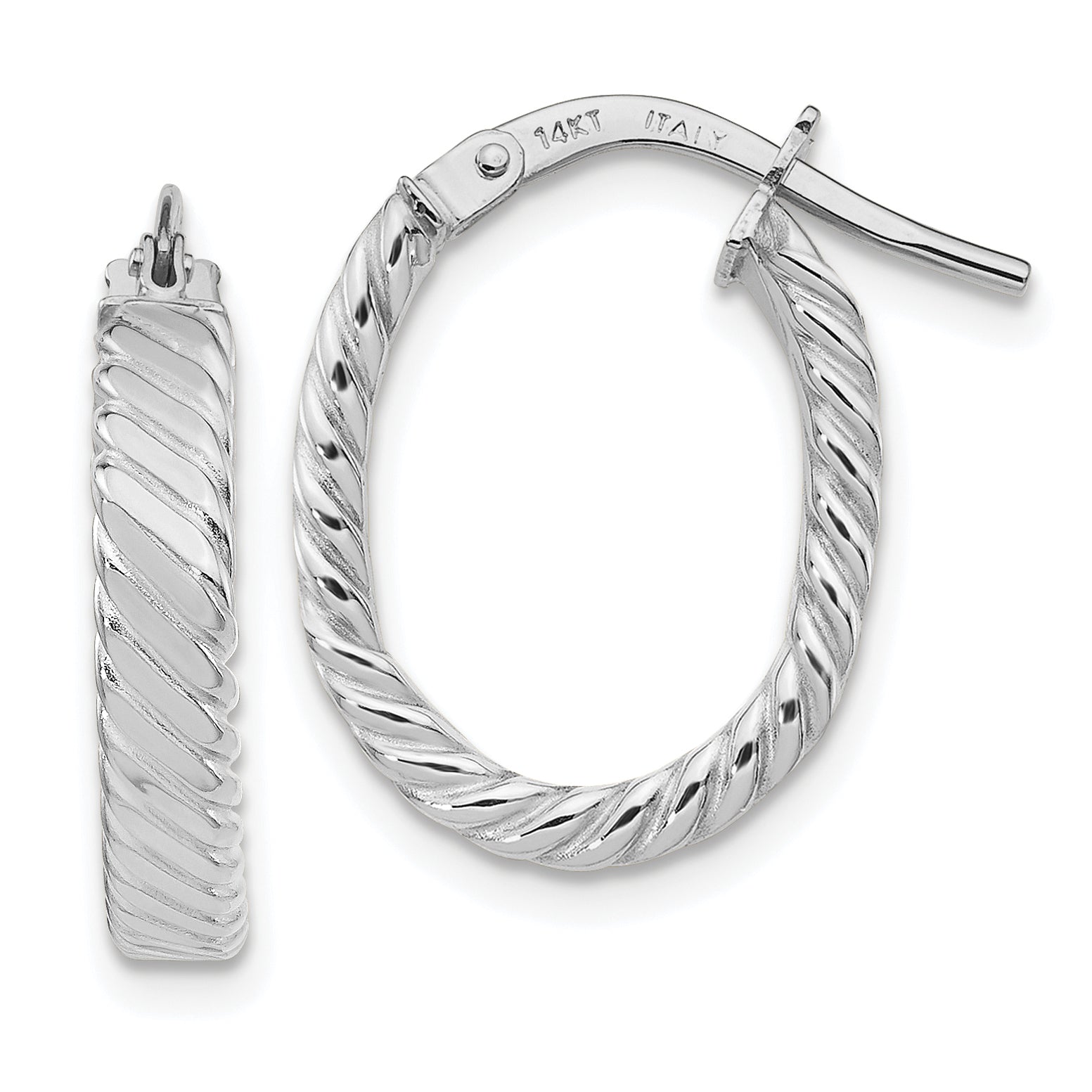 14K White Gold 3mm Patterned Oval Hoop Earrings