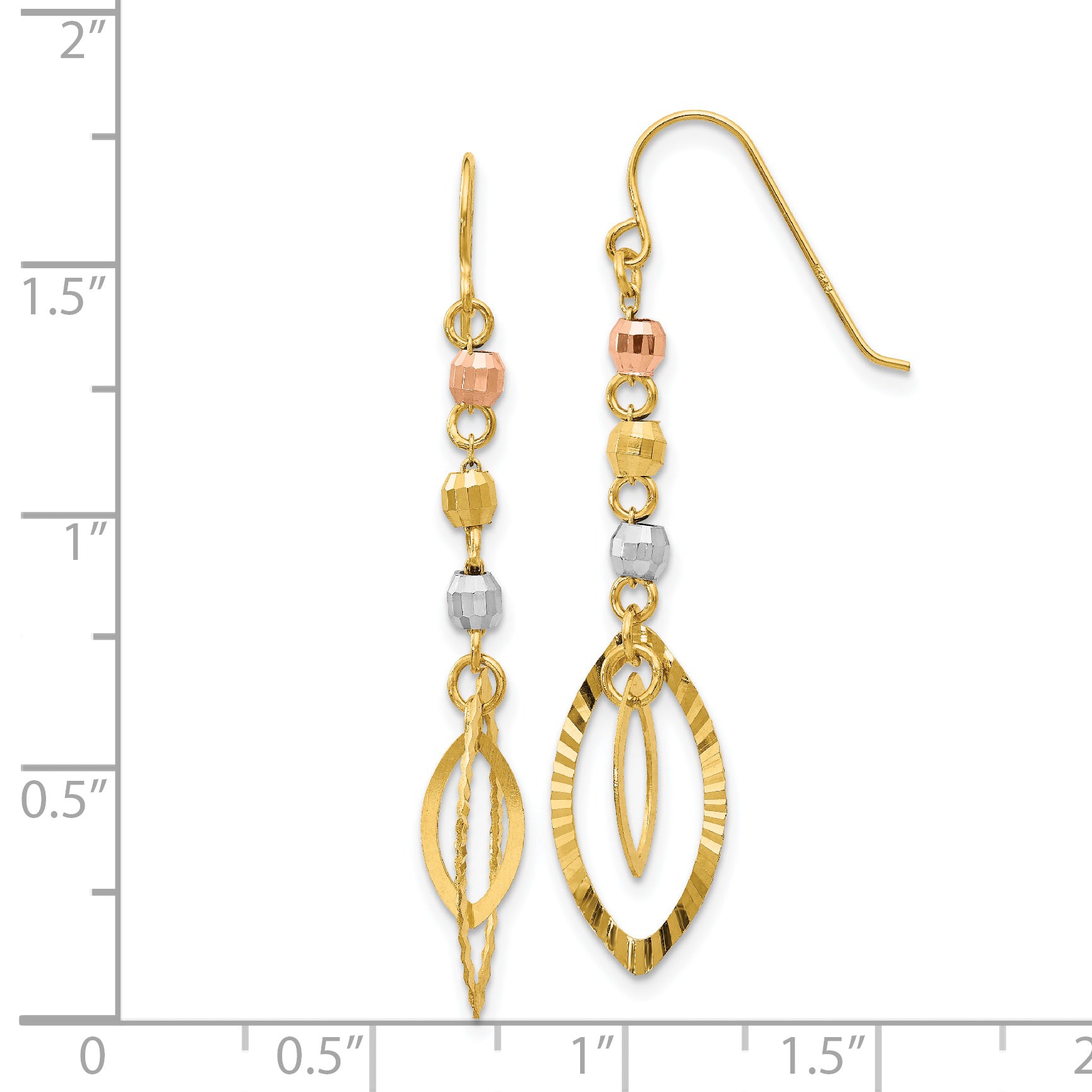 14K Tri-Color Diamond-cut Bead Oval Dangle Earrings