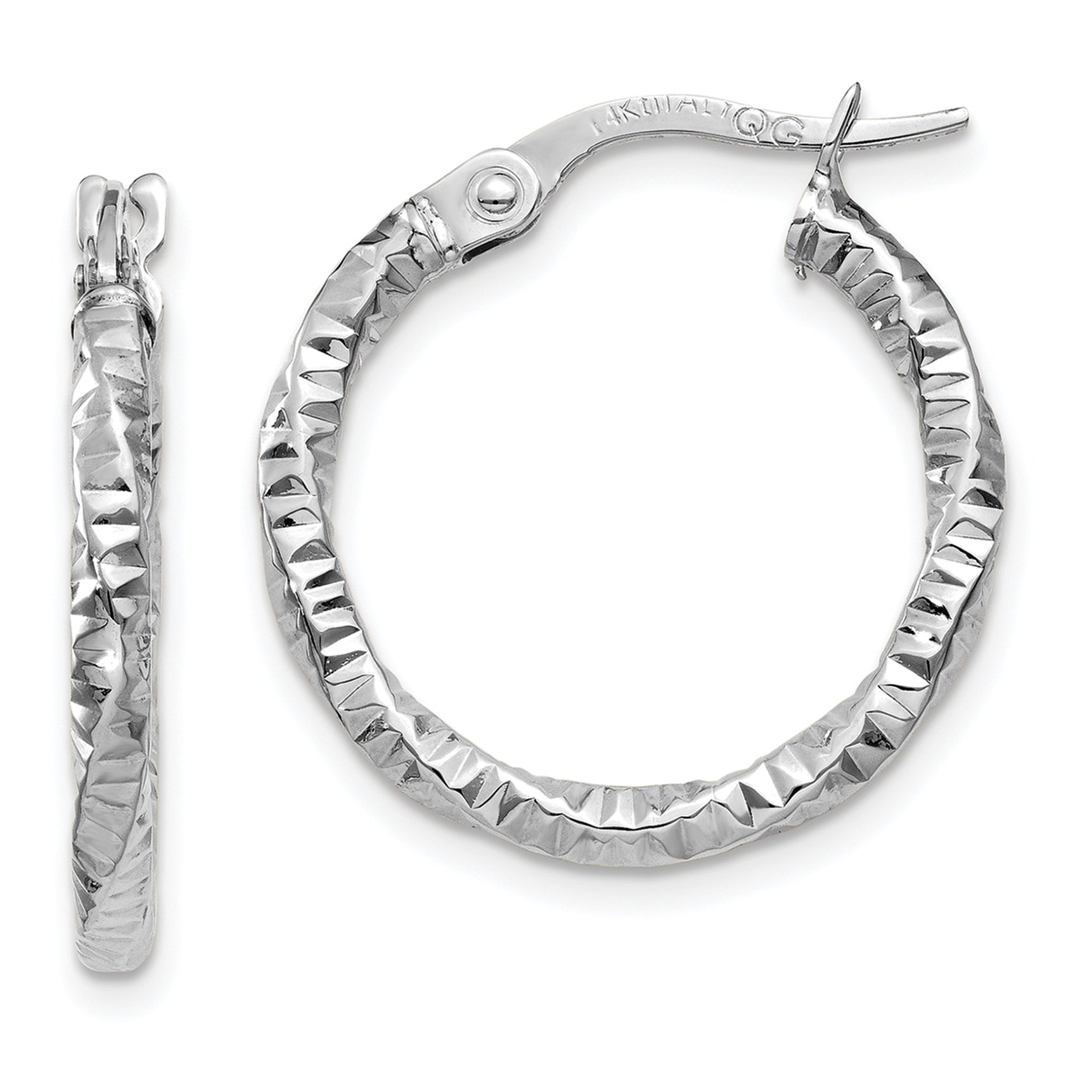 14K White Gold Polished and Textured Hoop Earrings