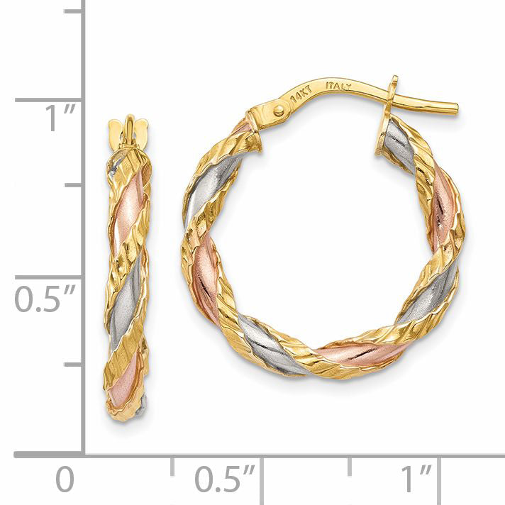 14K with White & Rose Rhodium Textured Twisted Hoop Earrings