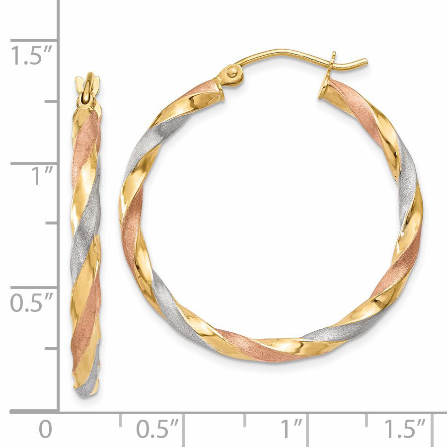 14k White & Rose Rhodium Satin Twisted Hoop Earrings