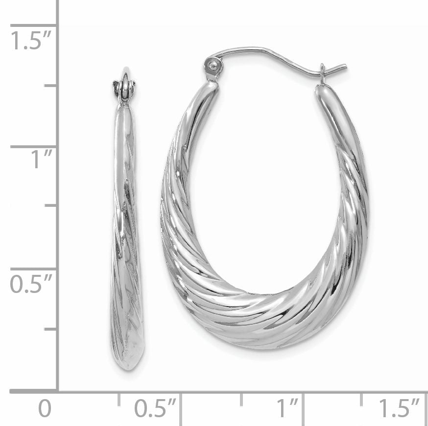 14k White Gold Polished and Textured Oval Hoop Earrings