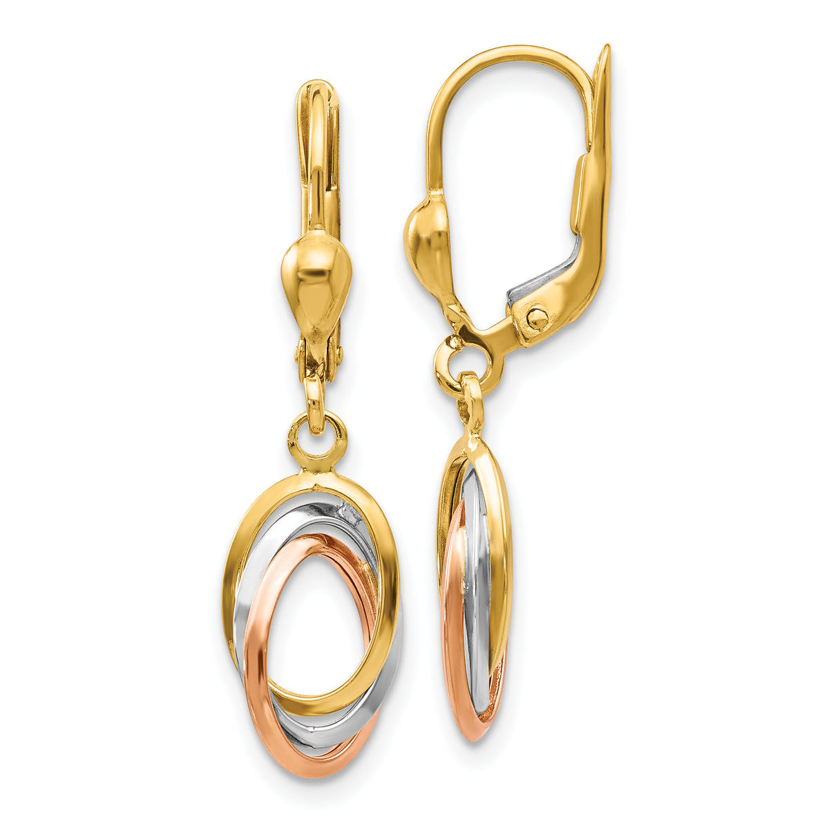 14K Tri-Color Polished Dangle Leverback Earrings