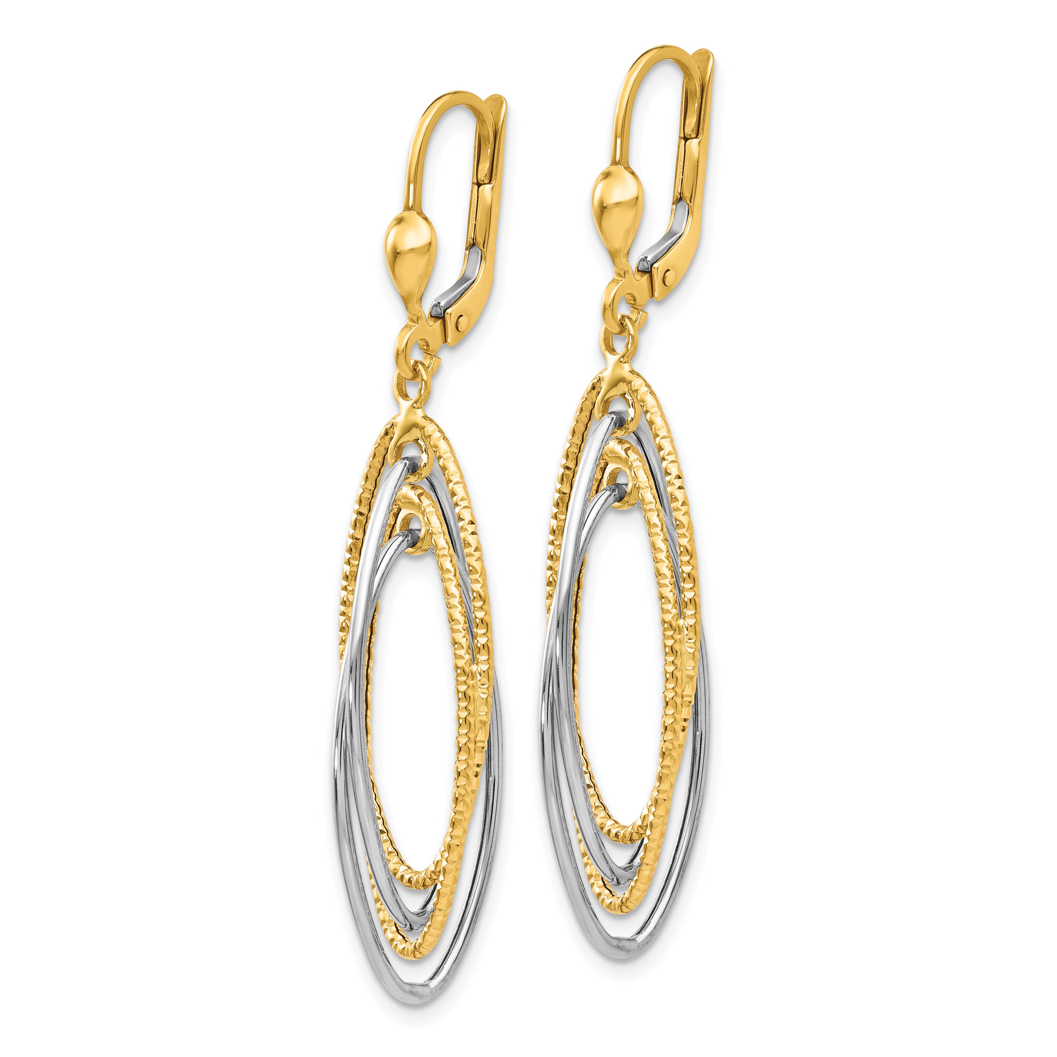 14K Two-Tone Textured and Polished Dangle Leverback Earrings