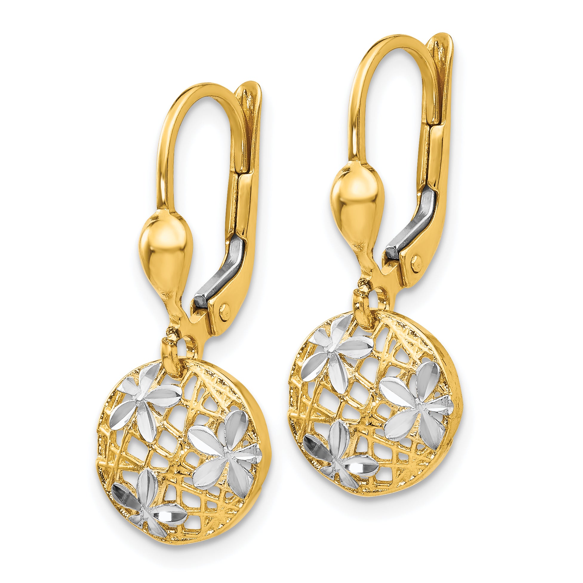 14K and Rhodium Polished Diamond-cut Dangle Leverback Earrings