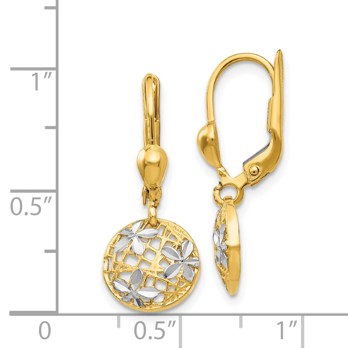 14K and Rhodium Polished Diamond-cut Dangle Leverback Earrings