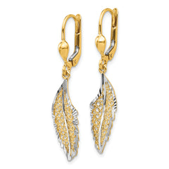 14K and Rhodium Polished and Textured Leaf Leverback Earrings