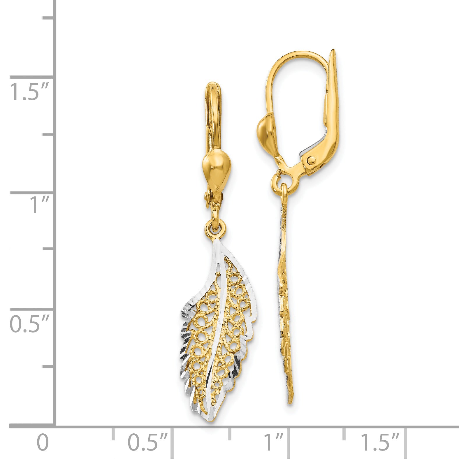 14K and Rhodium Polished and Textured Leaf Leverback Earrings