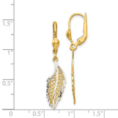 14K and Rhodium Polished and Textured Leaf Leverback Earrings