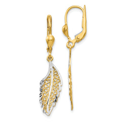 14K and Rhodium Polished and Textured Leaf Leverback Earrings