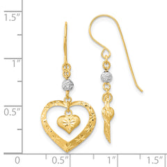 14k Two-tone Satin D/C Heart Dangle Shepherd Hook Earrings