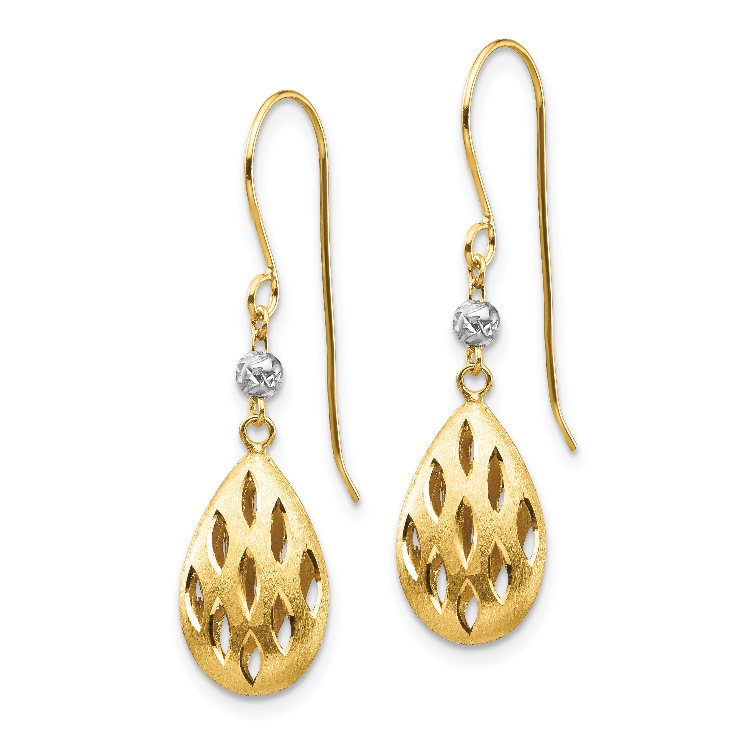 14k Two-Tone Diamond Cut Teardrop Dangle Earrings