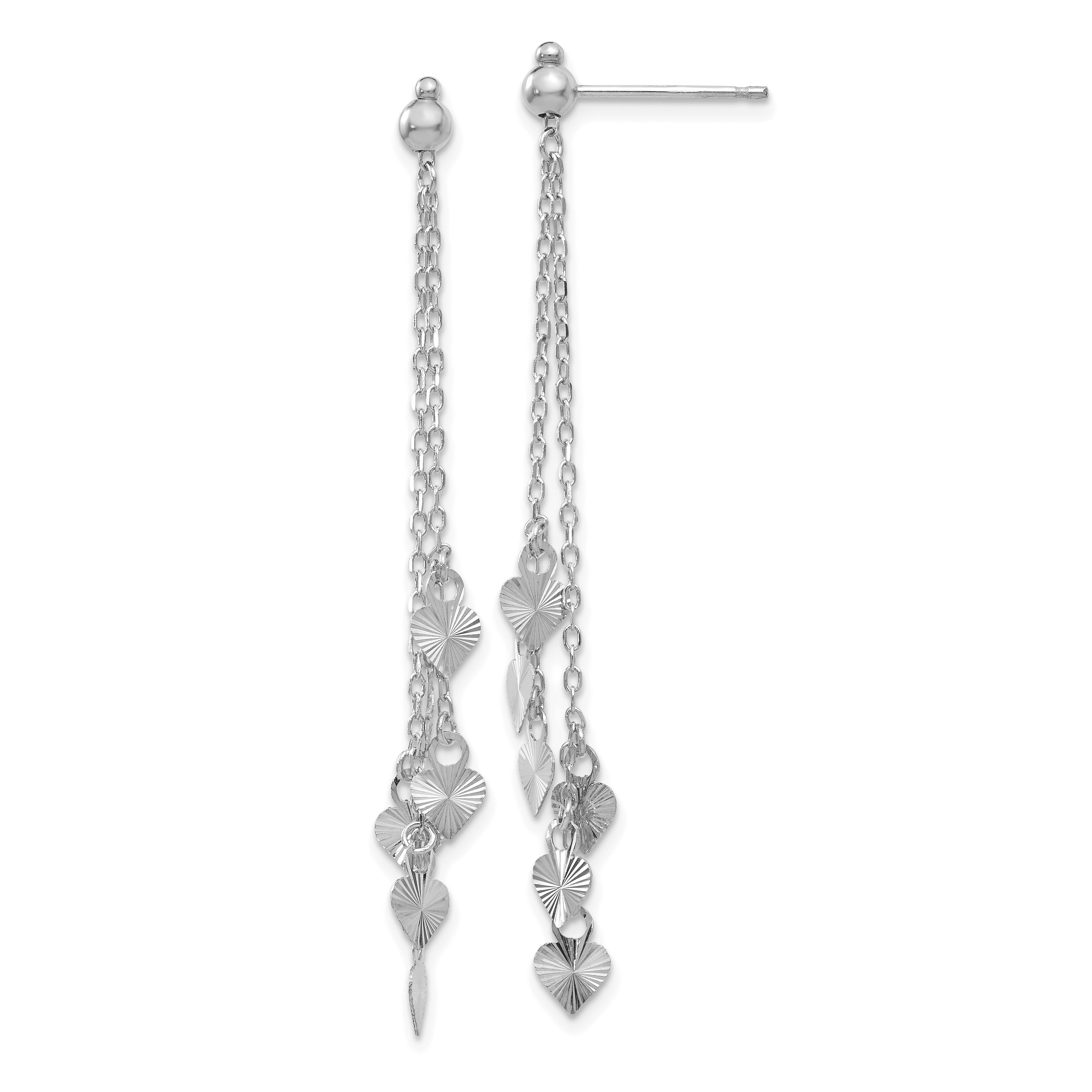 14K White Gold Diamond Cut Heart Post Dangle Earrings