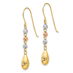 14k Tri-color Diamond-cut Teardrop Beaded Puff Dangle Earrings