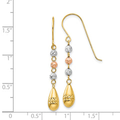 14k Tri-color Diamond-cut Teardrop Beaded Puff Dangle Earrings