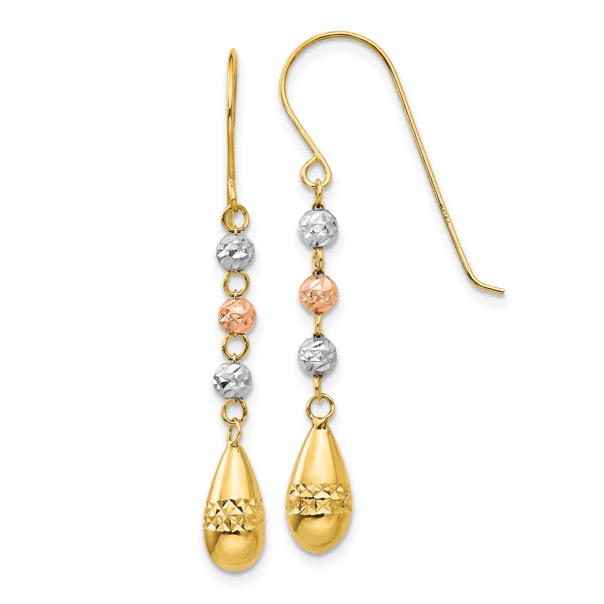 14k Tri-color Diamond-cut Teardrop Beaded Puff Dangle Earrings