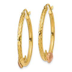 14K & Rose Heart Diamond Cut  Hoop Earrings