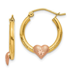 14K Yellow & Rose Gold Heart Diamond Cut  Hoop Earrings