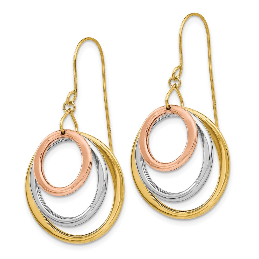 14K Tri-color Circle Dangle Shepherd Hook Earrings