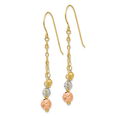 14K Tri-color With Diamond-cut Beads Dangle Earrings