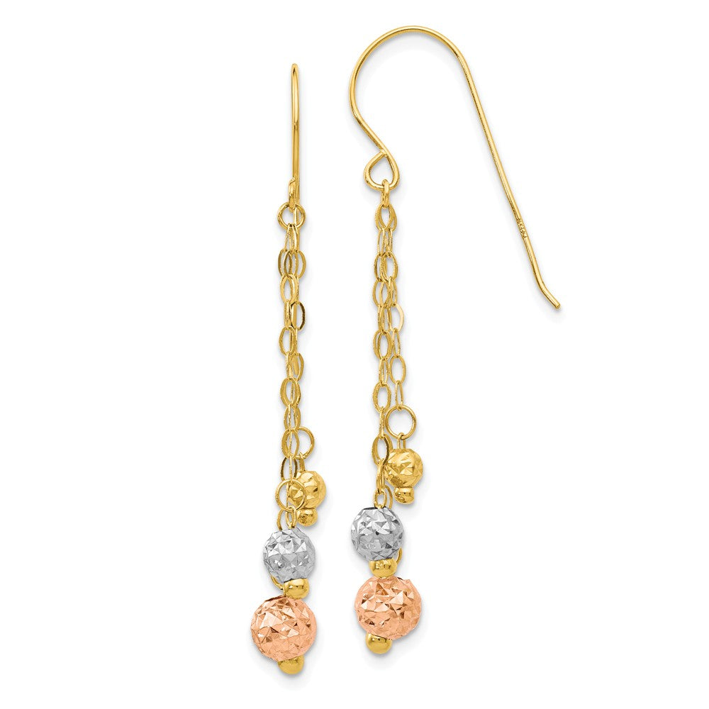 14K Tri-color With Diamond-cut Beads Dangle Earrings