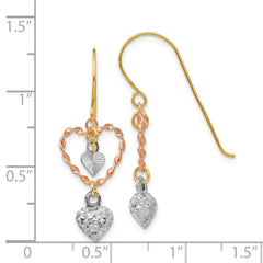 14k Tri-color Diamond Cut Heart Dangle Earrings