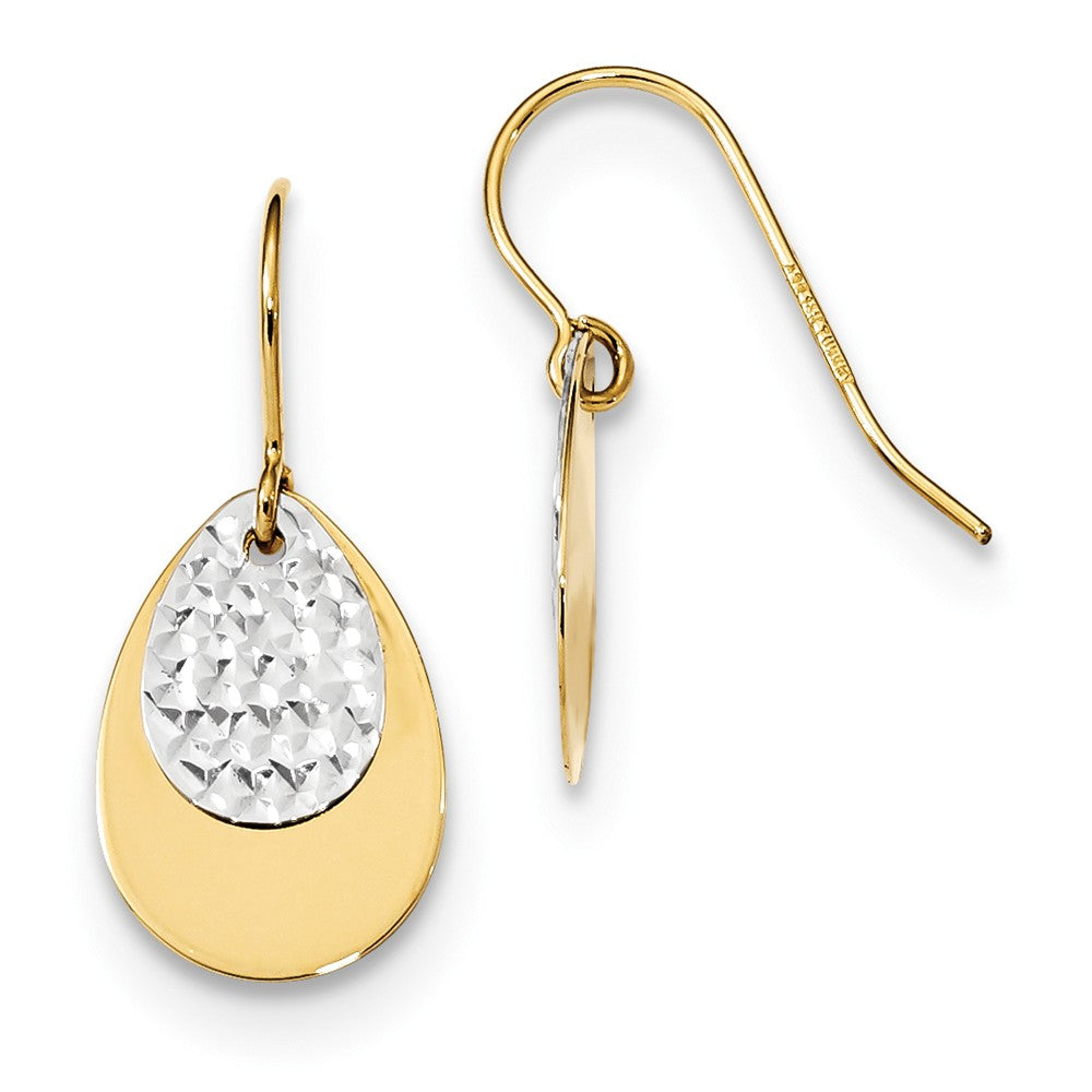 14K Two-tone Polished/Textured Teardrop Dangle Earrings