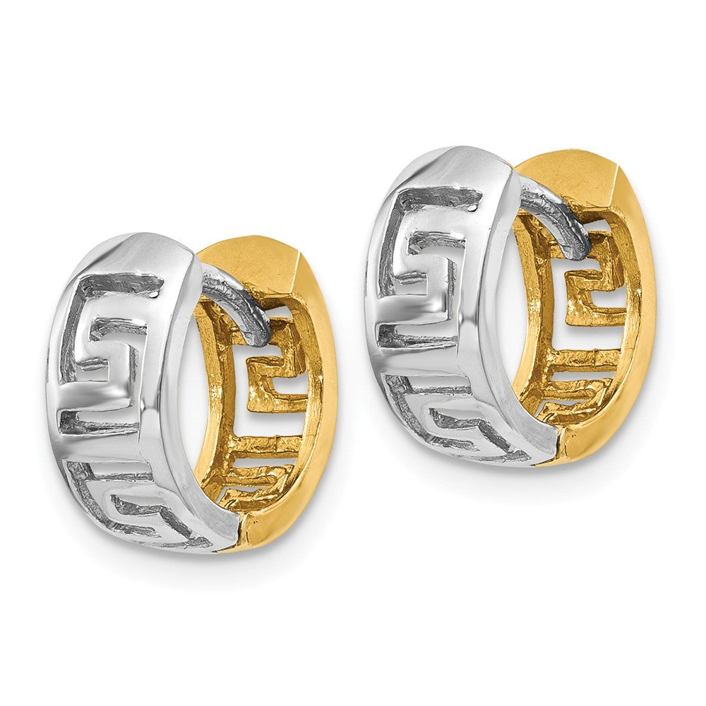 14K Two-tone Greek Key Hinged Hoop Earrings