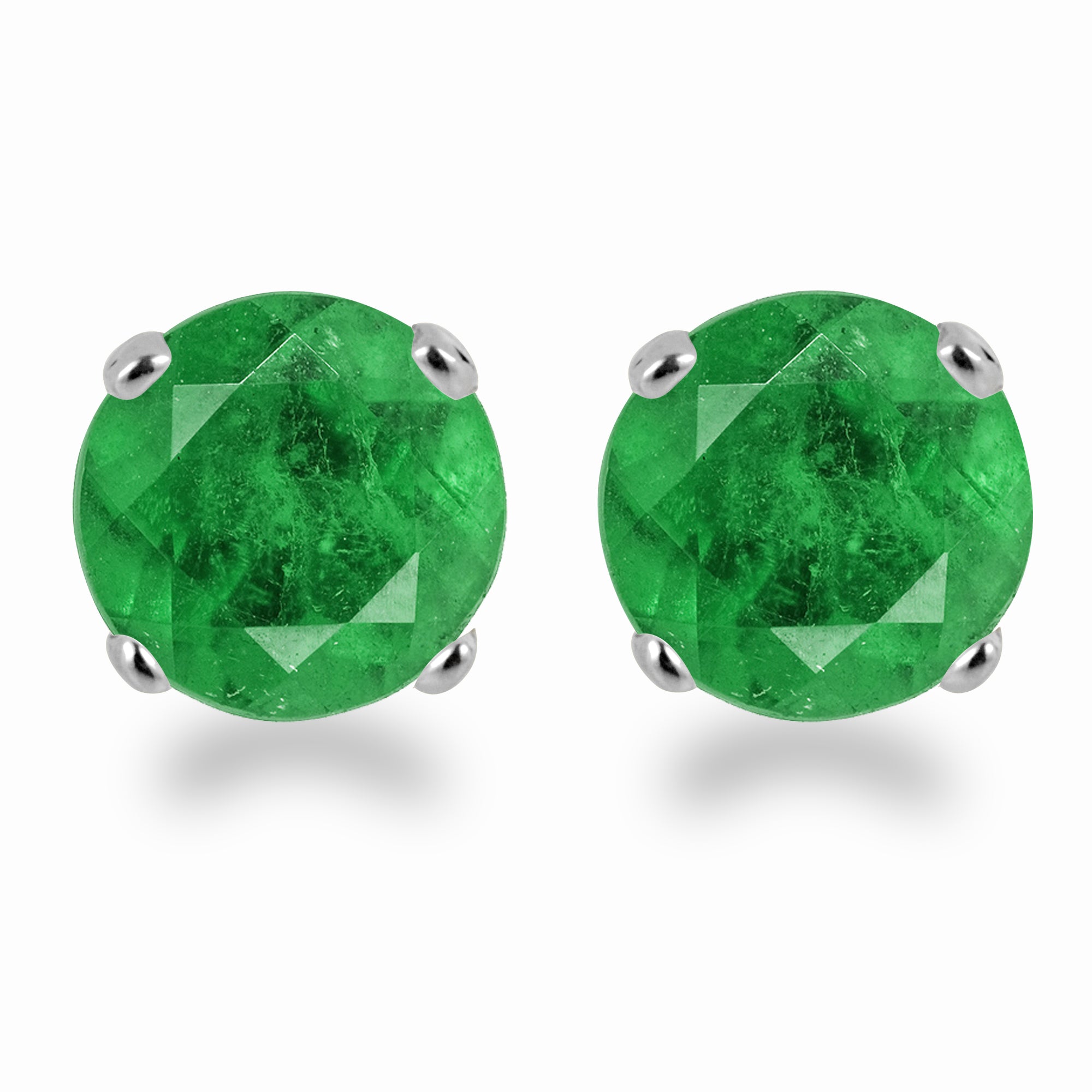 14K White Gold 3mm Round Emerald Stud Earrings