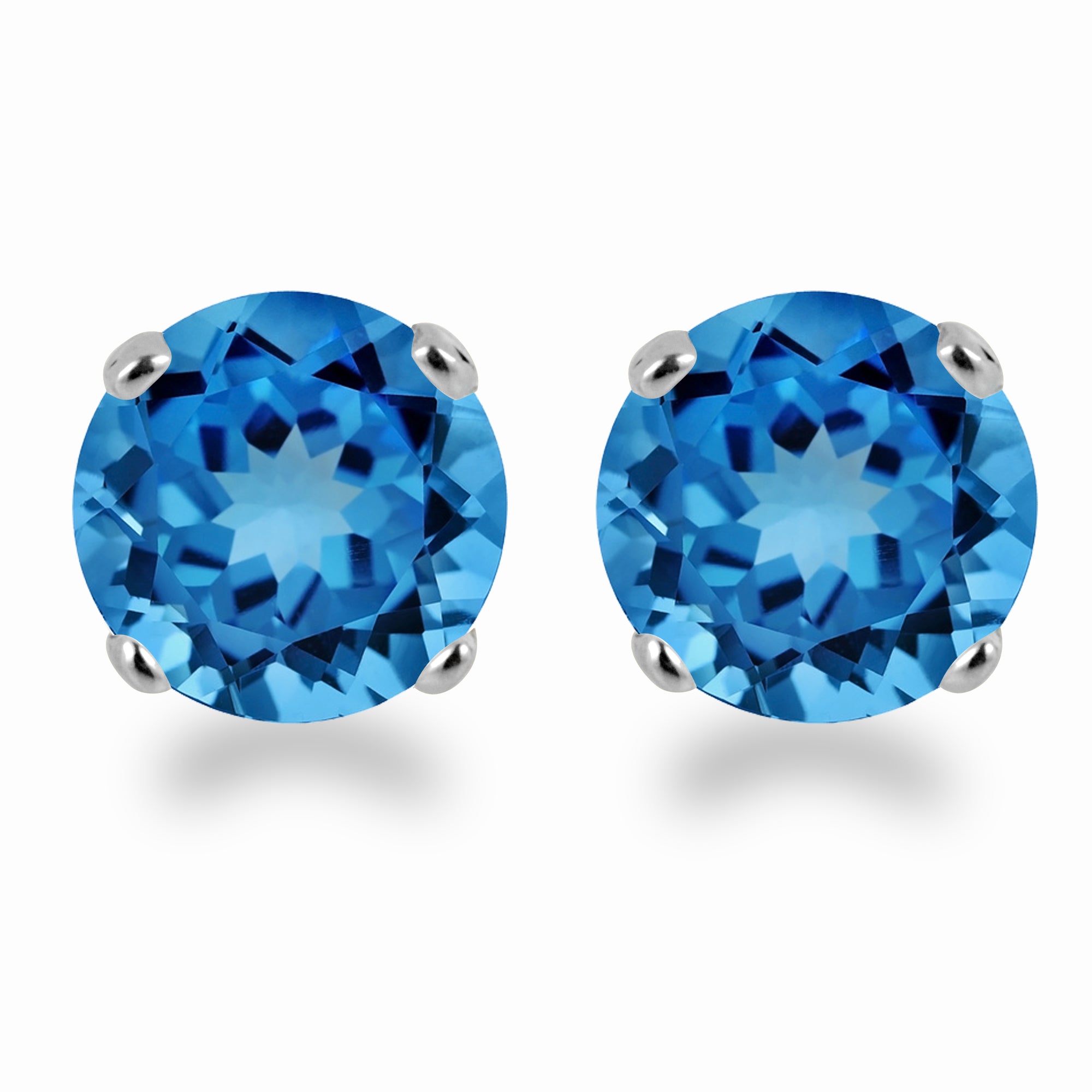 14K White Gold 3mm Round Blue Topaz Stud Earrings