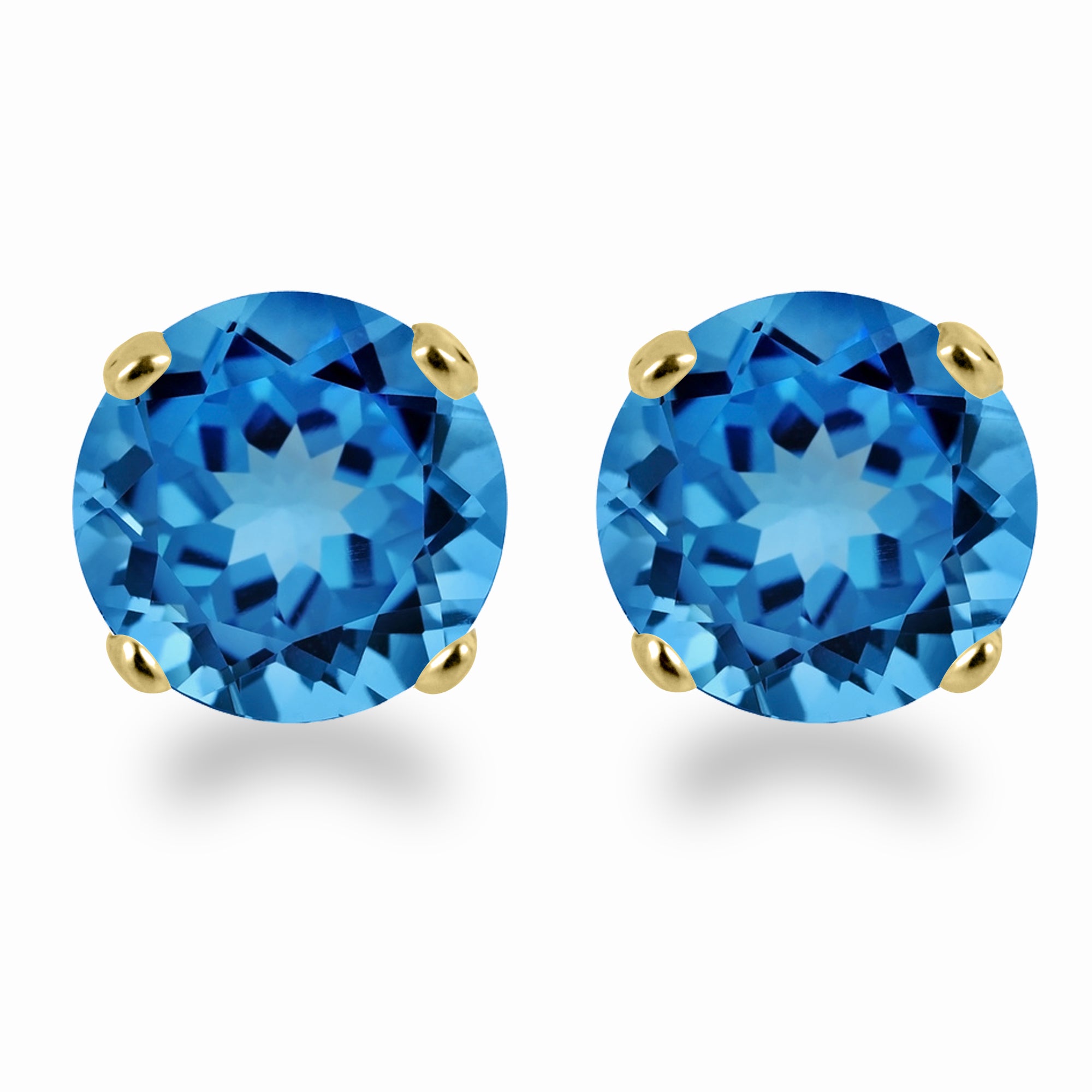 14K Yellow Gold 3mm Round Blue Topaz Stud Earrings