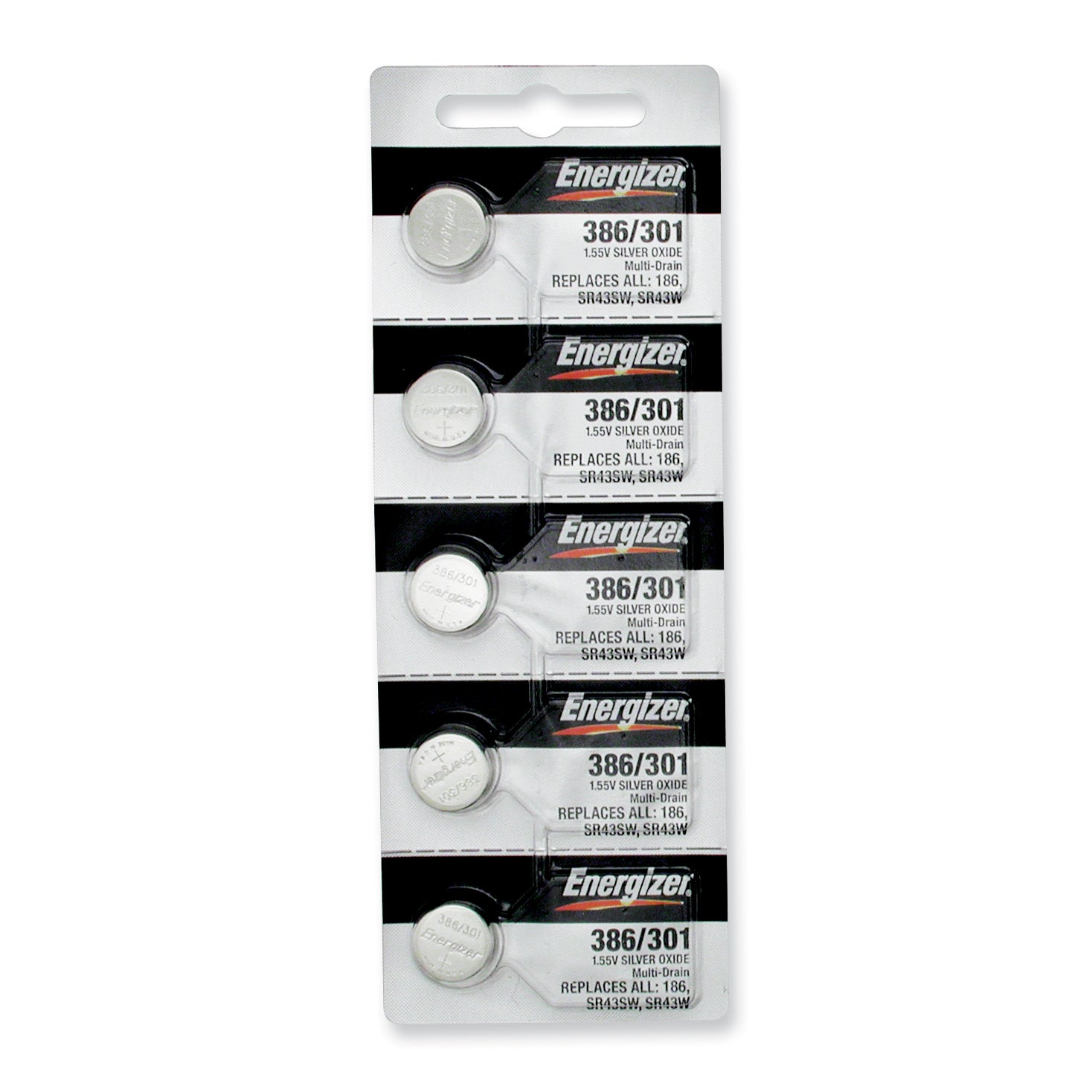 Pkg/(5) Type 301/386 Energizer Watch Batteries Tear Strip