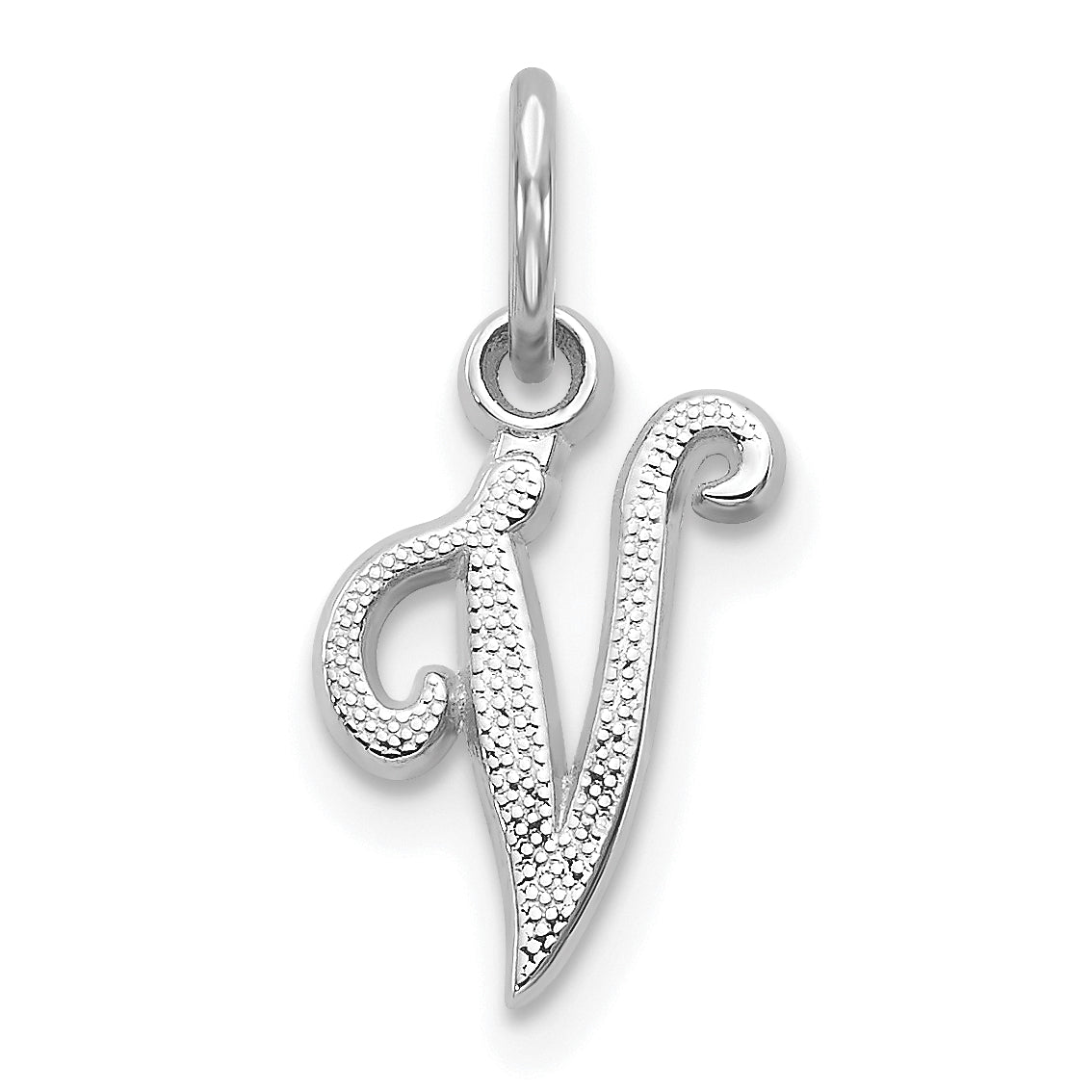 14KW White Gold Casted Script Letter V Initial Charm