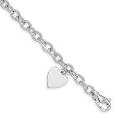 14k White Gold 8.5in Polished Engravable Link with Heart Charm Bracelet