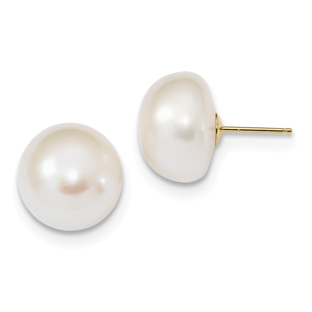 14K 13-14mm White Button Freshwater Cultured Pearl Post Earrings