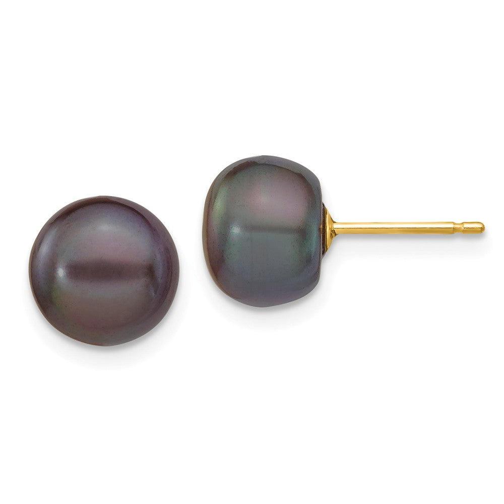 14K 8-9mm Black Button FW Cultured Pearl Stud Post Earrings