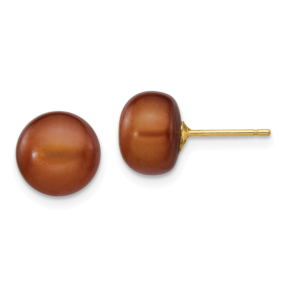 14K 8-9mm Coffee Button Freshwater Cultured Pearl Stud Post Earrings