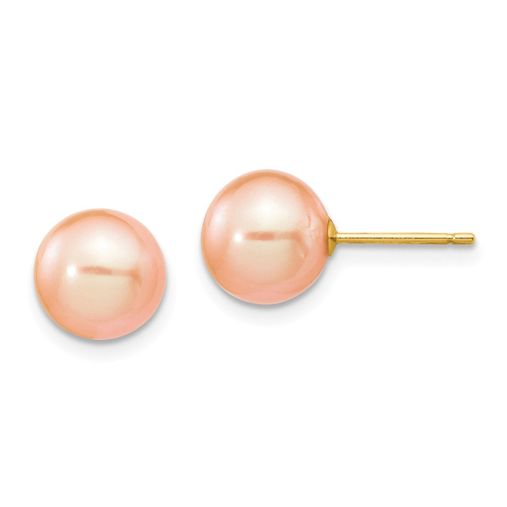 14K 8-9mm Pink Round Freshwater Cultured Pearl Stud Post Earrings