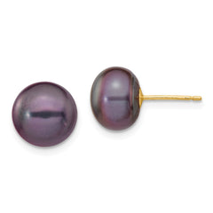 14K 9-10mm Black Button FW Cultured Pearl Stud Post Earrings