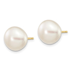 14K 9-10mm White Button Freshwater Cultured Pearl Stud Post Earrings