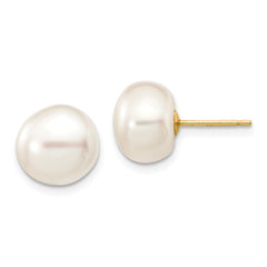 14K 9-10mm White Button Freshwater Cultured Pearl Stud Post Earrings