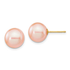 14K 9-10mm Pink Round Freshwater Cultured Pearl Stud Post Earrings